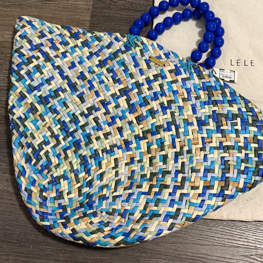 Lele Sadoughi Blue and Tan Woven Tote